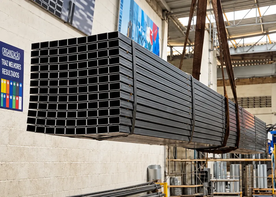 Feixe de metalon quadrado suspenso em galpão industrial