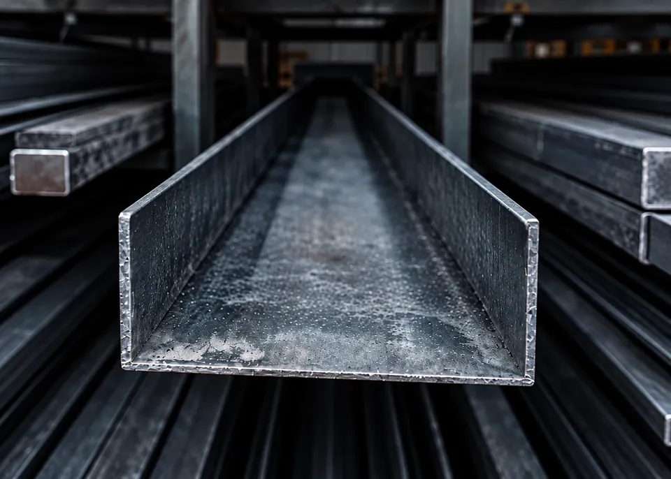 Perfil U de aço em destaque em estoque industrial